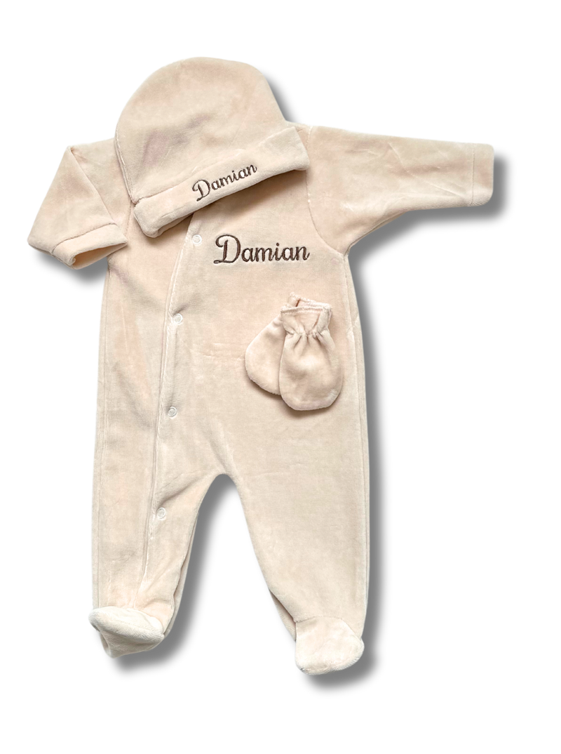 Tenue de naissance 3pcs personnalisée - Velours beige