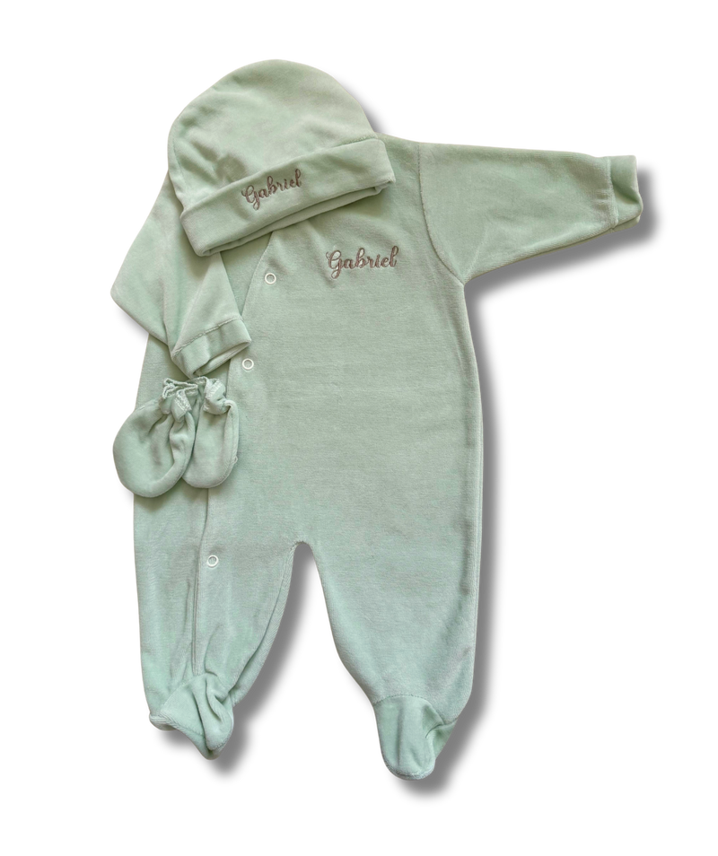 Tenue de naissance 3pcs personnalisée - Velours vert sauge