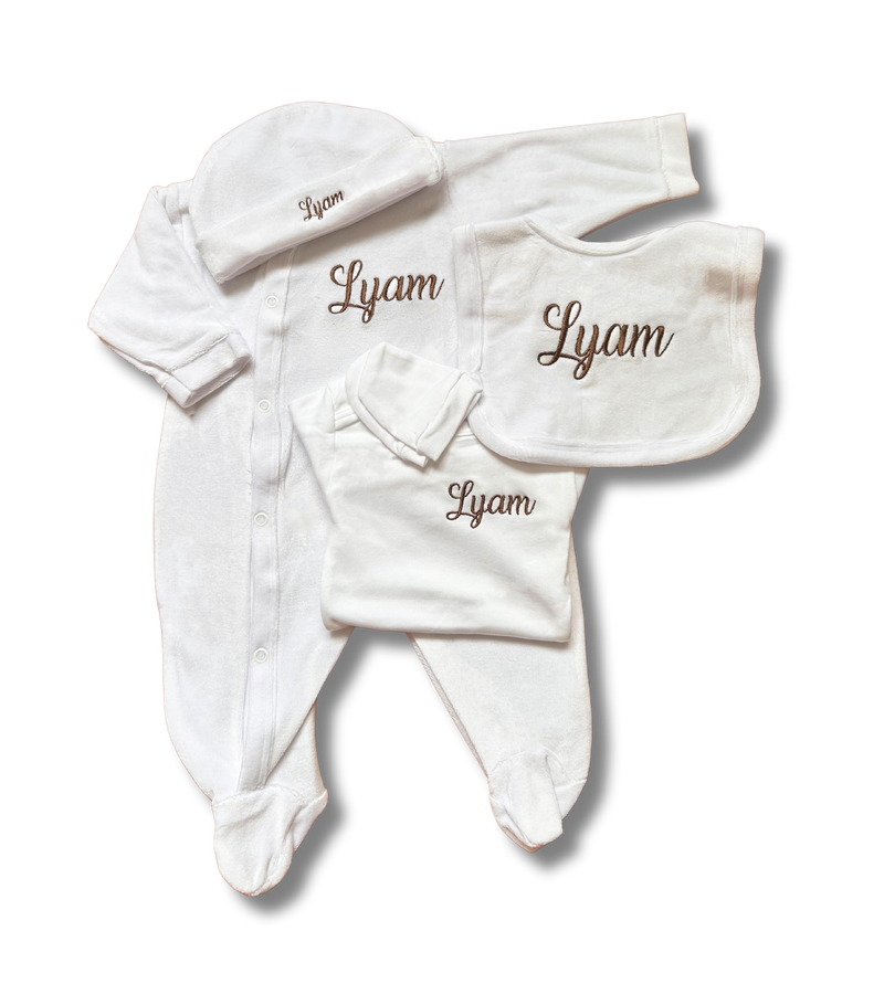 Tenue de naissance 5pcs personnalisée - Velours blanc