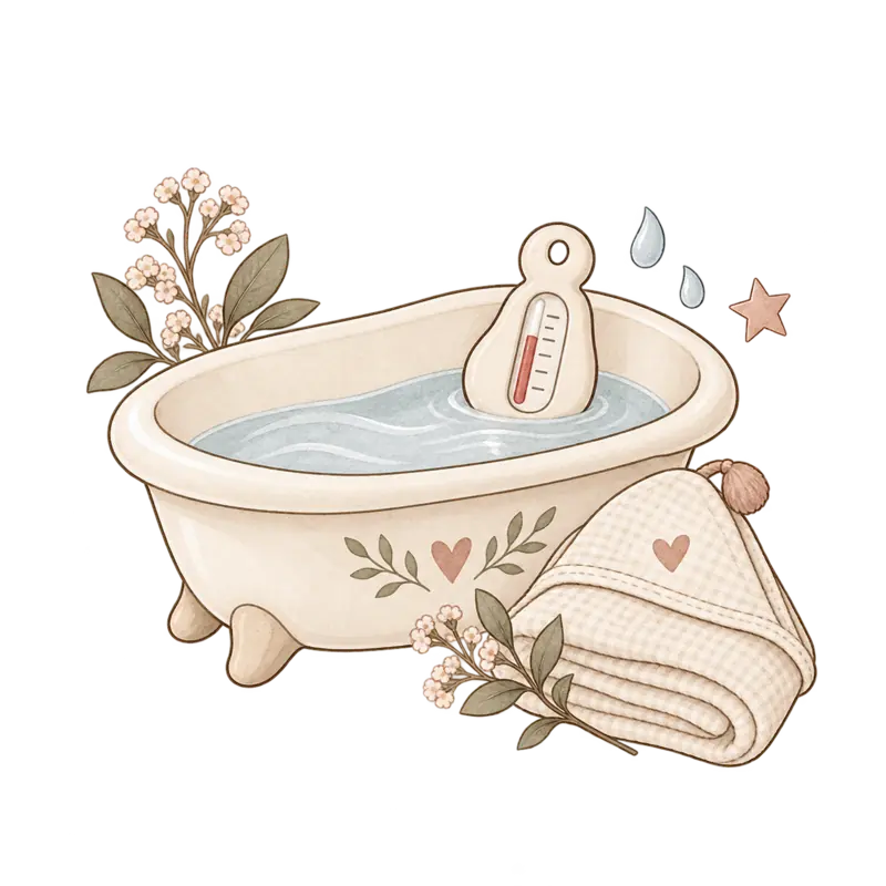 Baignoire, thermomètre de bain et cape