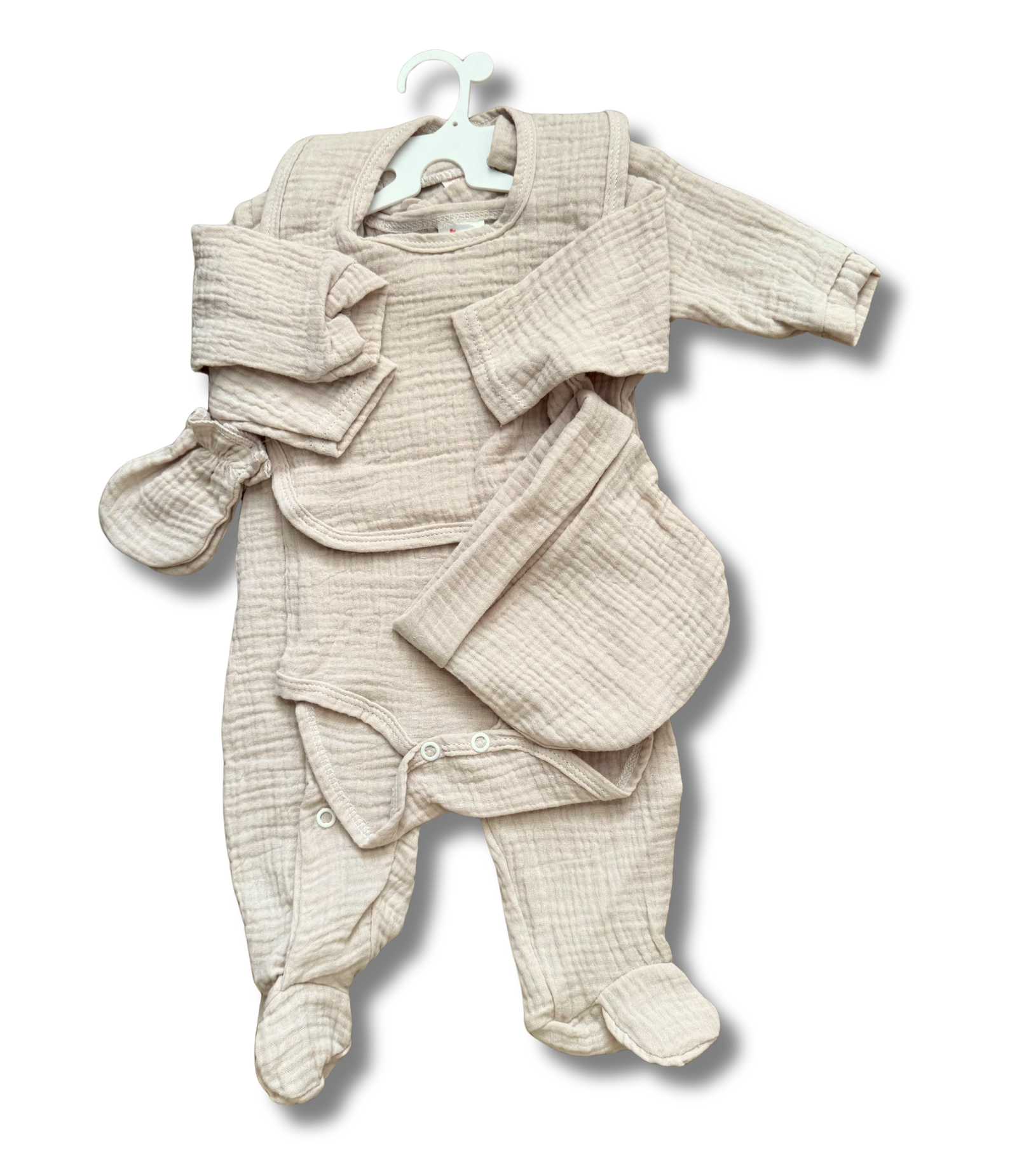 Tenue de naissance 5pcs personnalisée - Gaze de coton beige