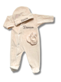Tenue de naissance 3pcs personnalisée - Velours beige brodé personnalisé au prénom de bébé — Edenelle 