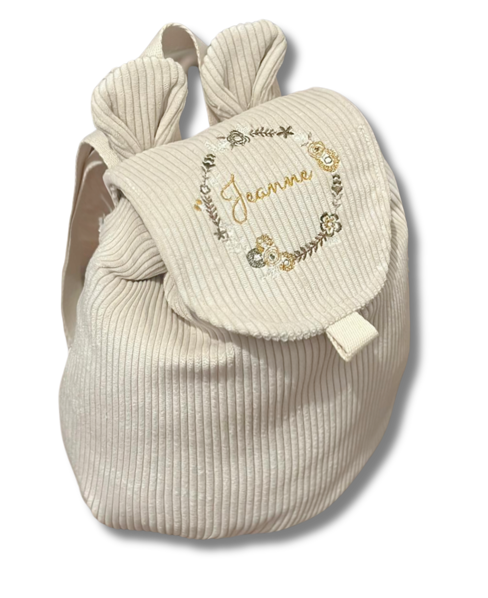 Sac à dos velours personnalisé - Beige brodé personnalisé au prénom de bébé — Edenelle Création