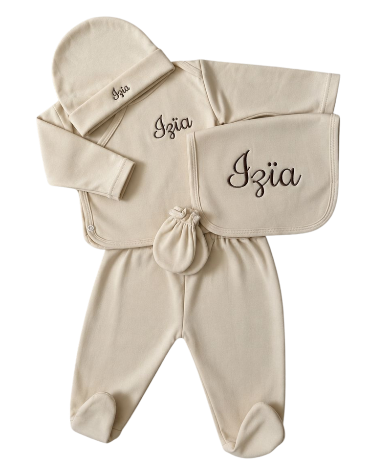 Tenue de naissance 5pcs gilet personnalisée - Coton écru
