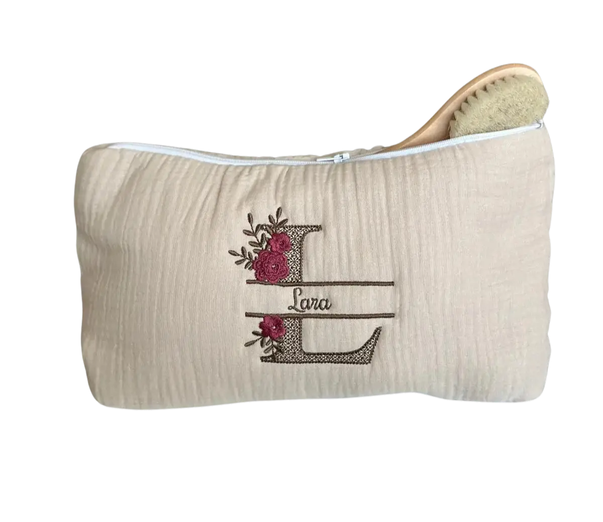 Trousse gaze de coton personnalisée - Beige brodé personnalisé au prénom de bébé — Edenelle Création