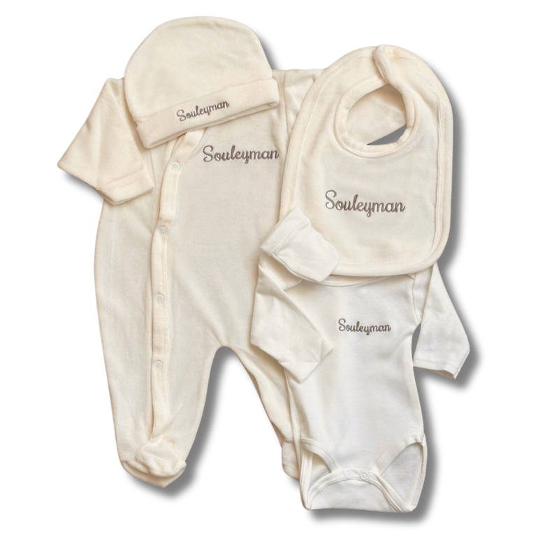 Tenue de naissance 5pcs personnalisée - Velours crème