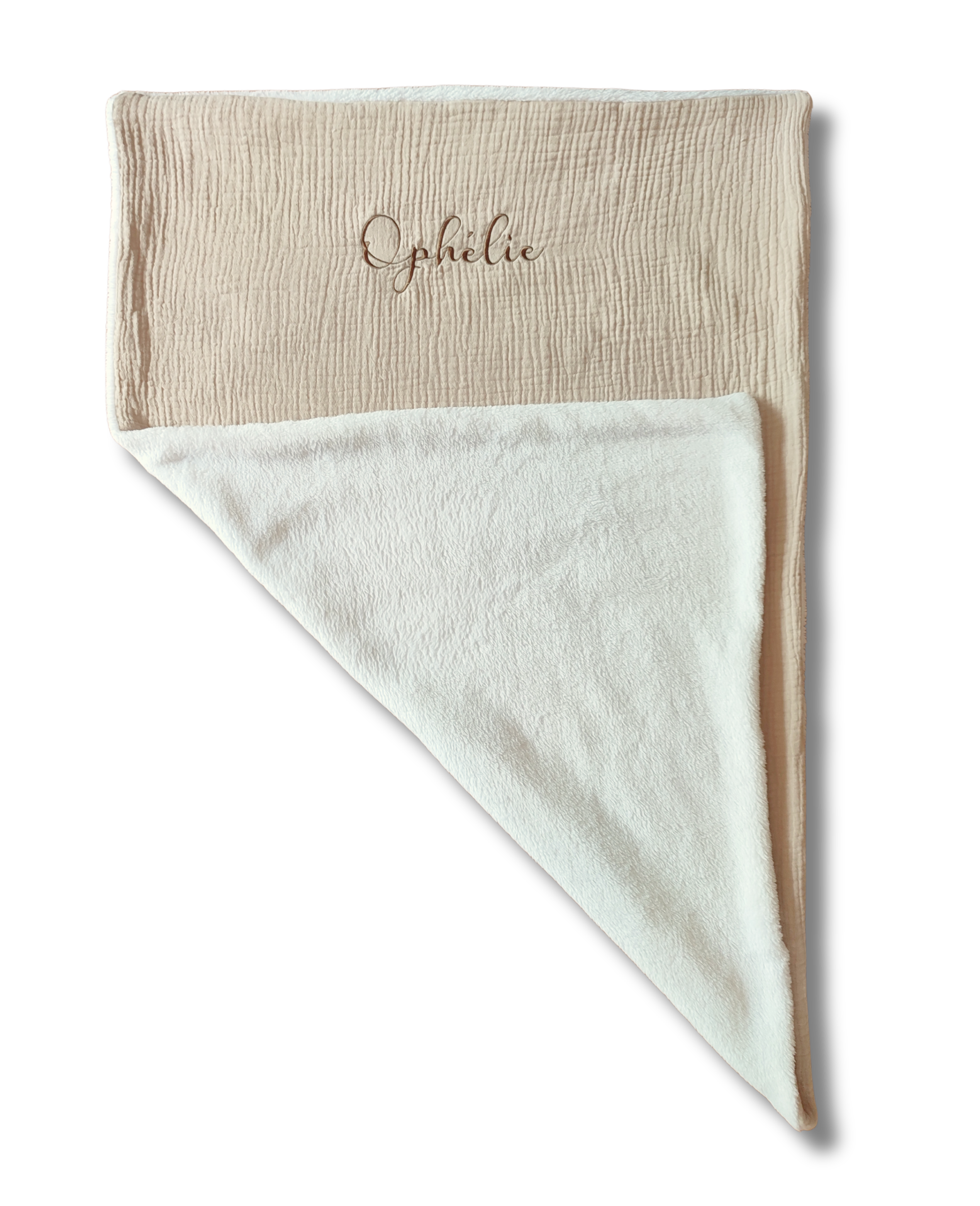 Couverture Douillette Beige et Ecru personnalisée brodé personnalisé au prénom de bébé — Edenelle Création