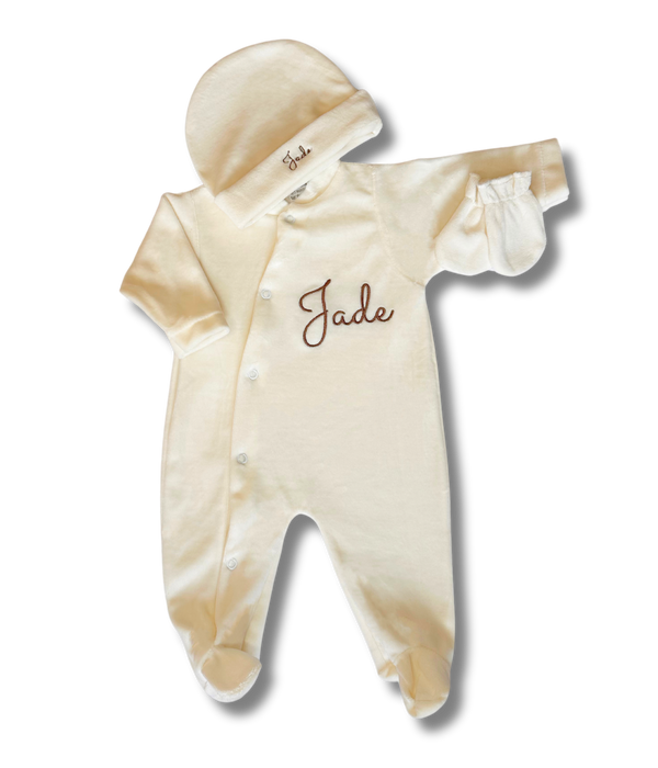 Tenue de naissance 3pcs personnalisée - Velours crème