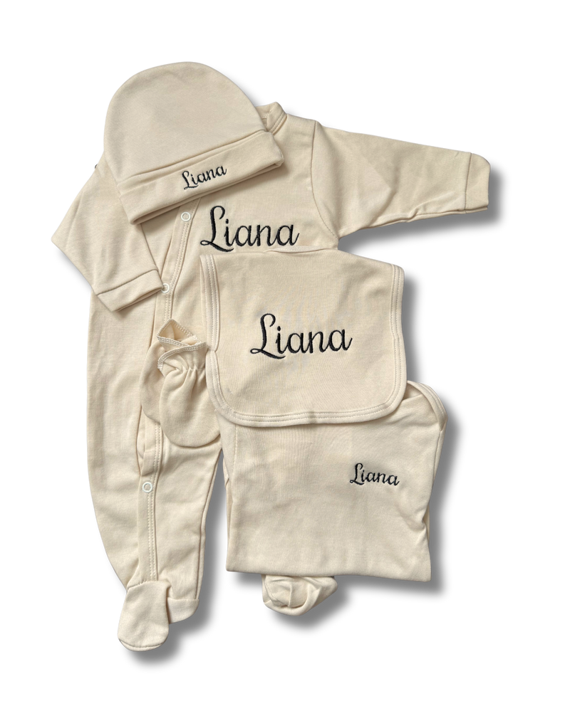 Tenue de naissance 5pcs personnalisée - Coton Beige