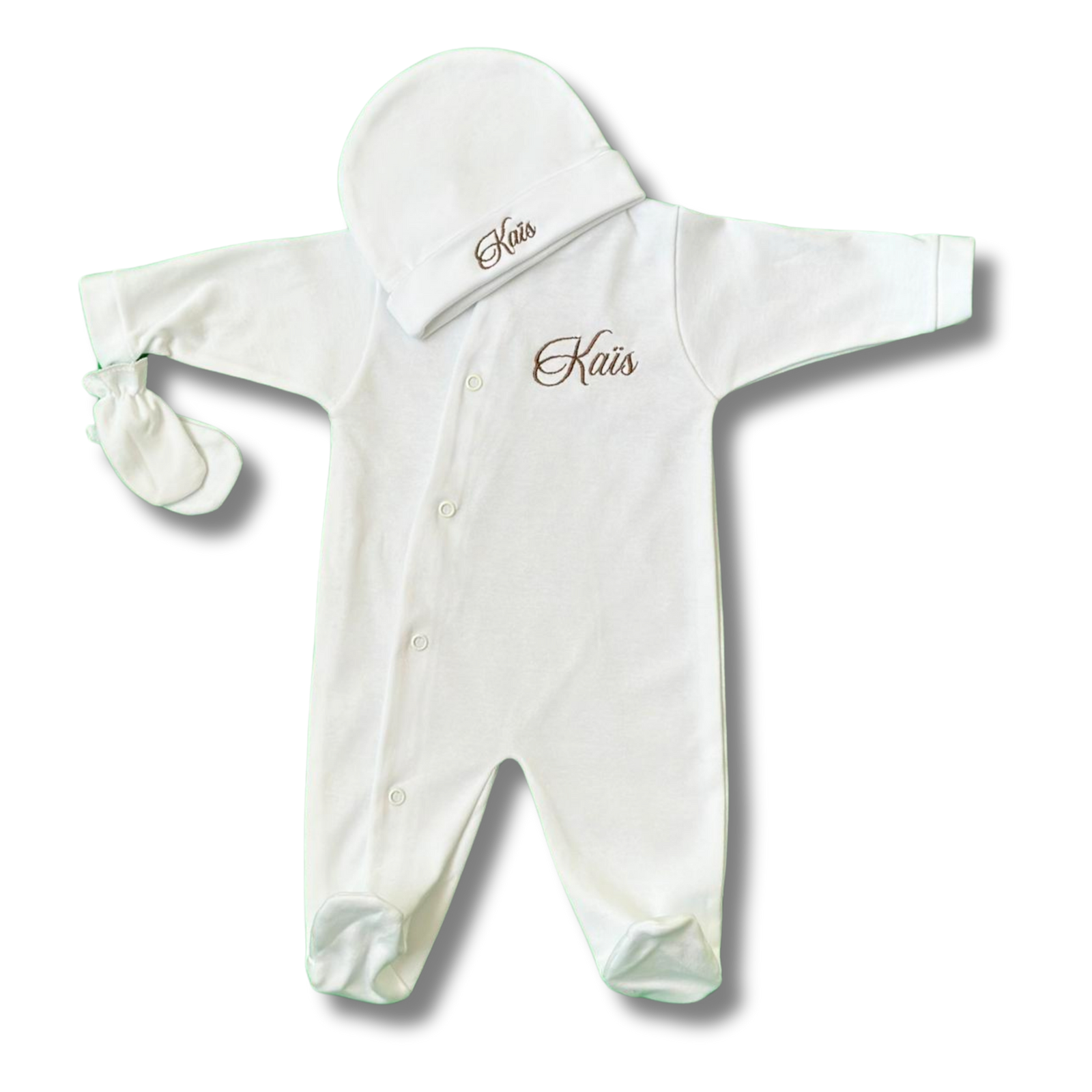 Tenue de naissance 3pcs personnalisée - Coton blanc brodé personnalisé au prénom de bébé — Edenelle Cr