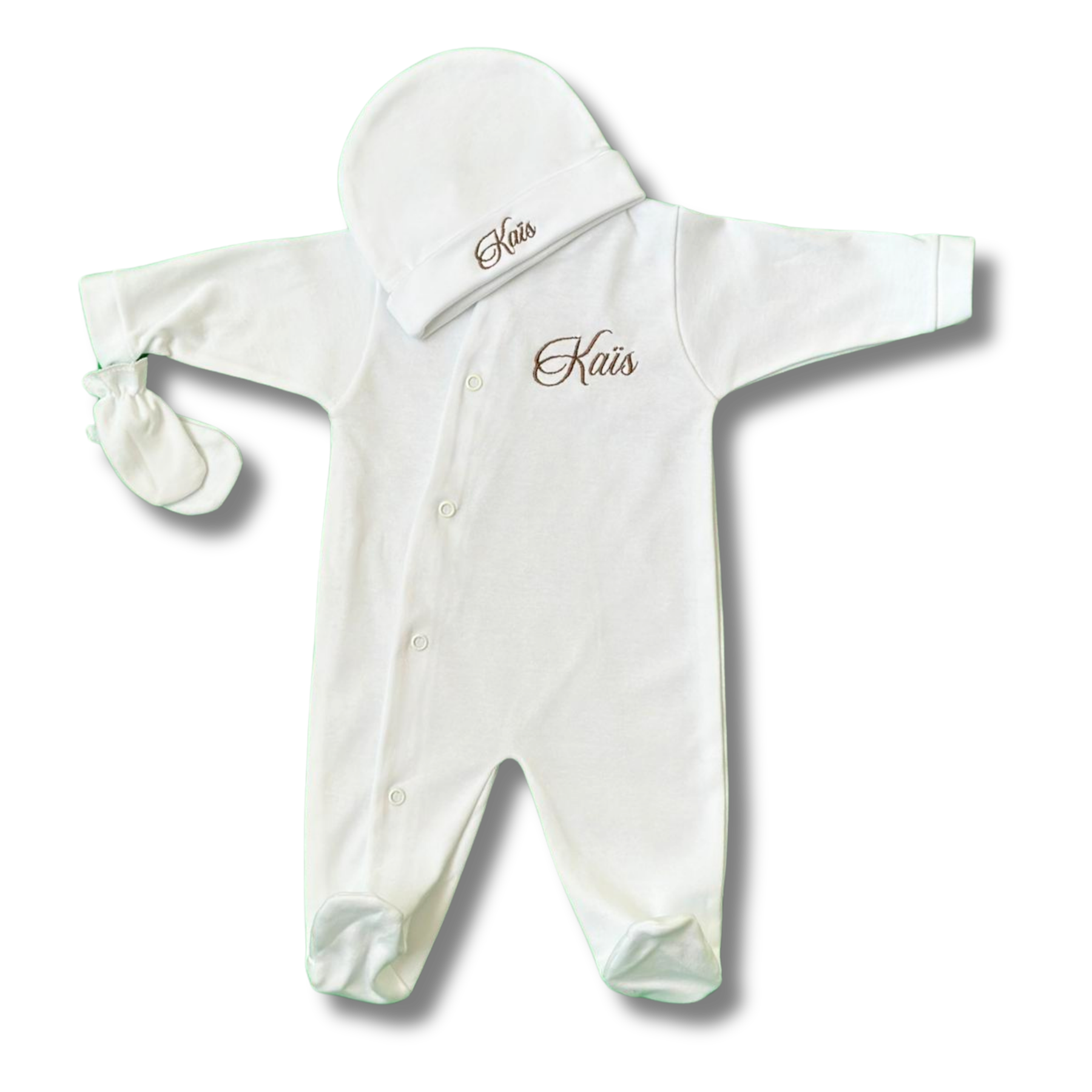 Tenue de naissance 3pcs personnalisée - Coton blanc brodé personnalisé au prénom de bébé — Edenelle Cr