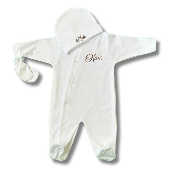 Tenue de naissance 3pcs personnalisée - Coton blanc