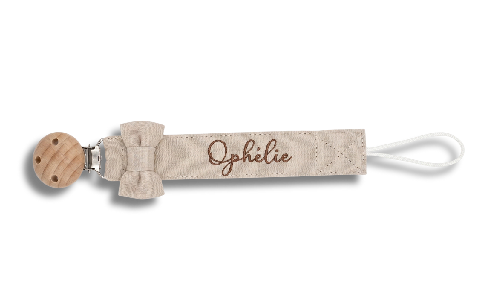 Attache tétine noeud personnalisé - Beige brodé personnalisé au prénom de bébé — Edenelle Création
