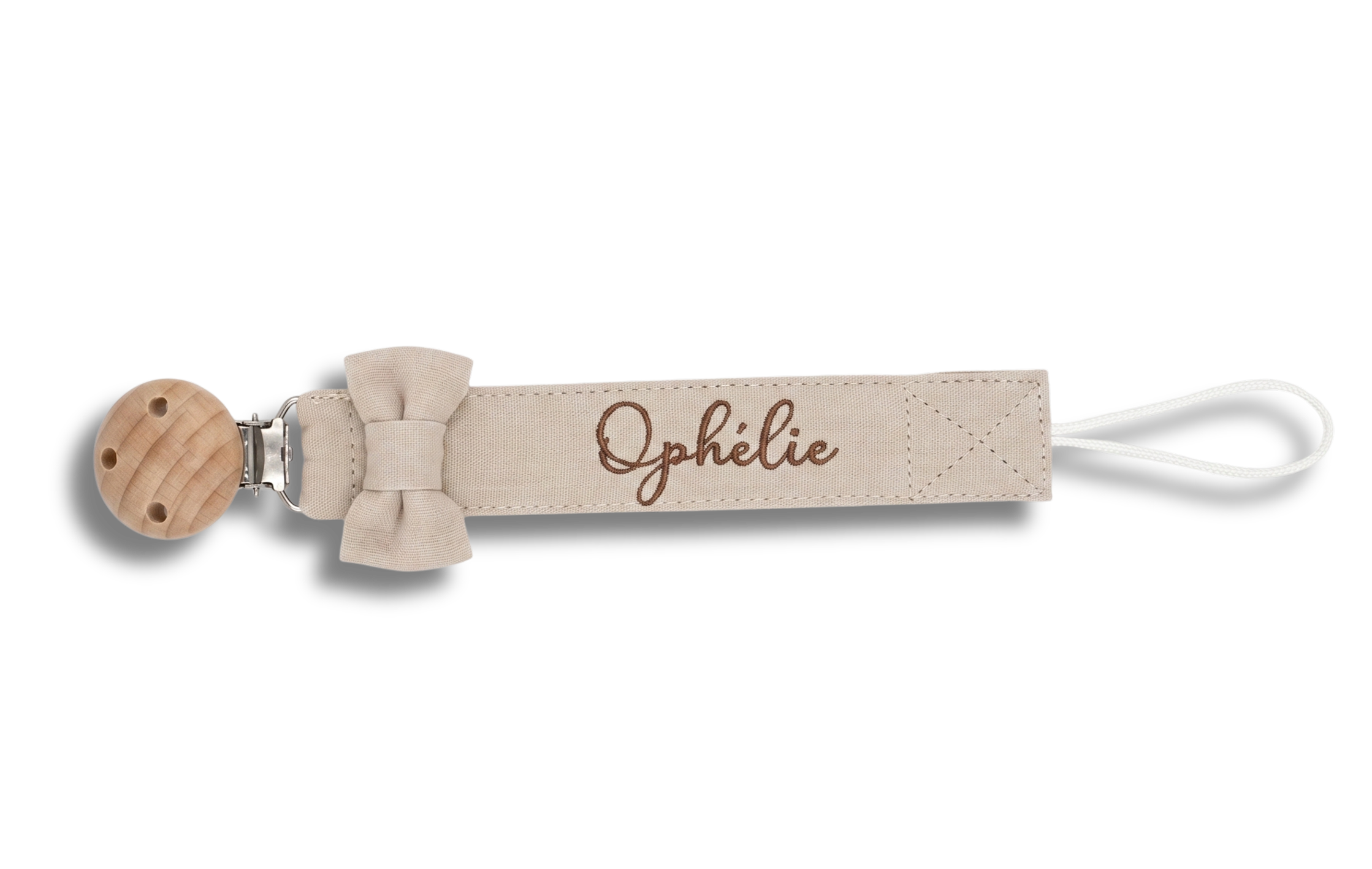 Attache tétine noeud personnalisé - Beige brodé personnalisé au prénom de bébé — Edenelle Création