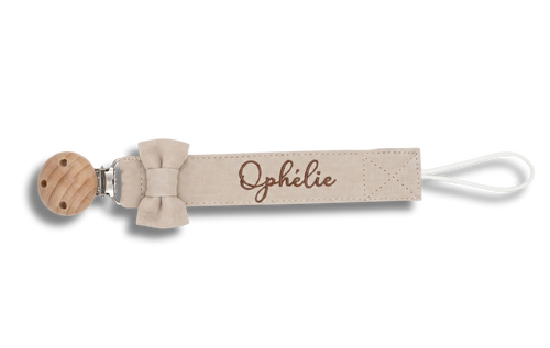Attache tétine noeud personnalisé - Beige brodé personnalisé au prénom de bébé — Edenelle Création