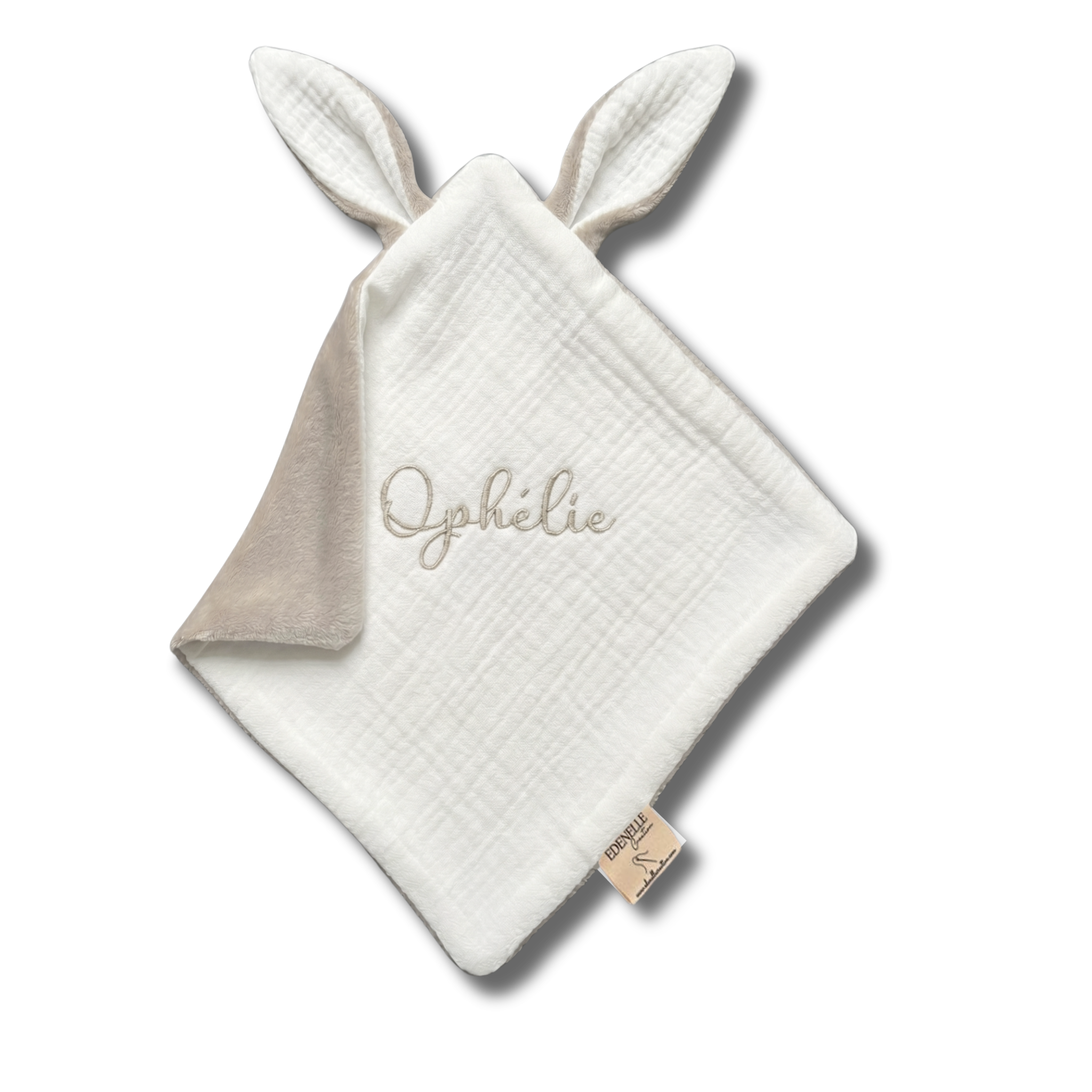 Doudou Douillette Ecru et Beige personnalisé brodé personnalisé au prénom de bébé — Edenelle Création