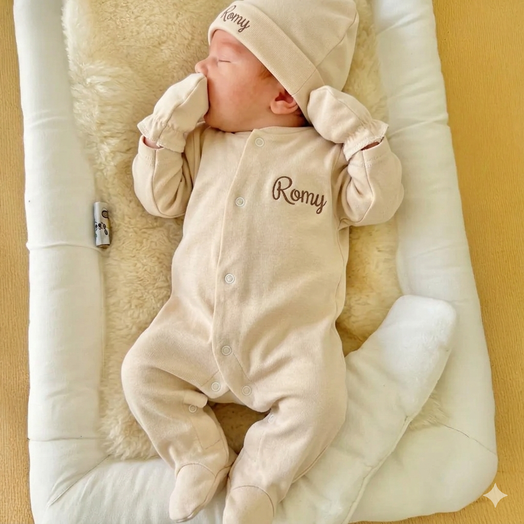 Tenue de naissance 3pcs personnalisée - Coton beige