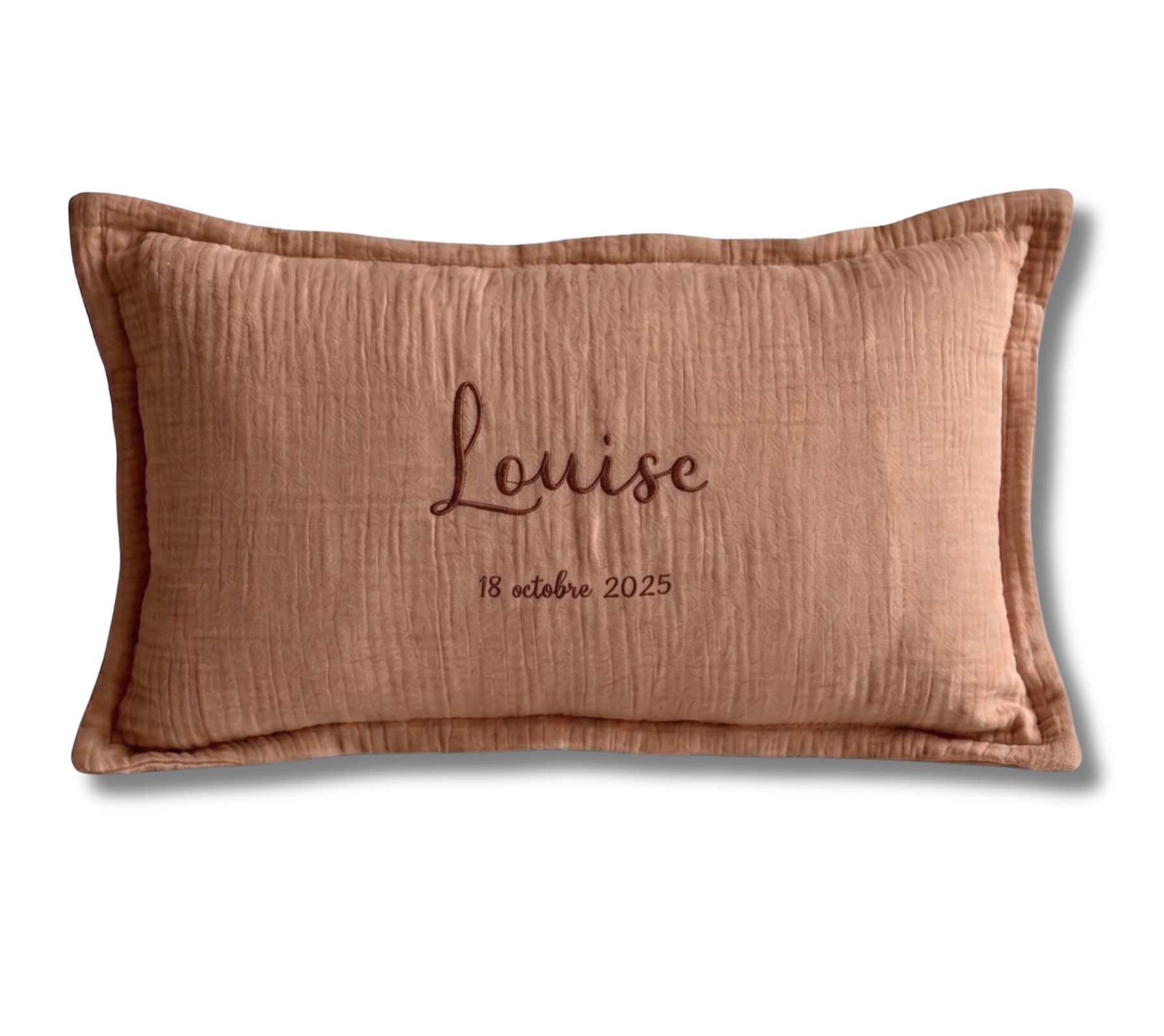 Coussin gaze de coton personnalisé - Cacao brodé personnalisé au prénom de bébé — Edenelle Création