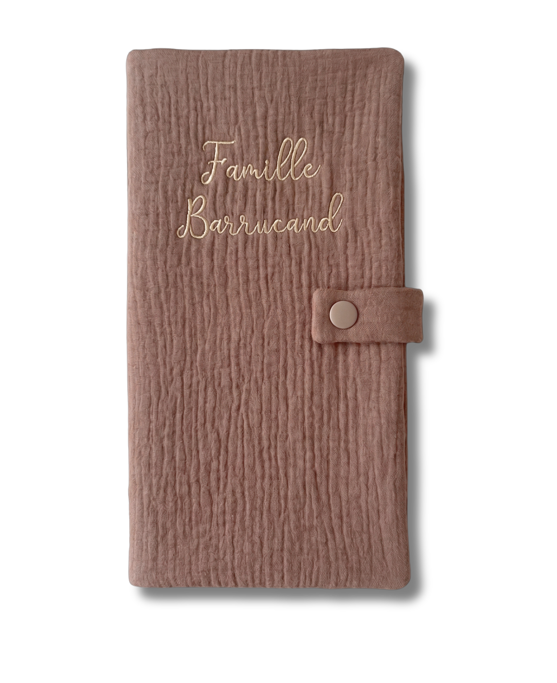 Protège livret de famille personnalisé - Gaze de coton écru cacao brodé personnalisé au prénom de bébé