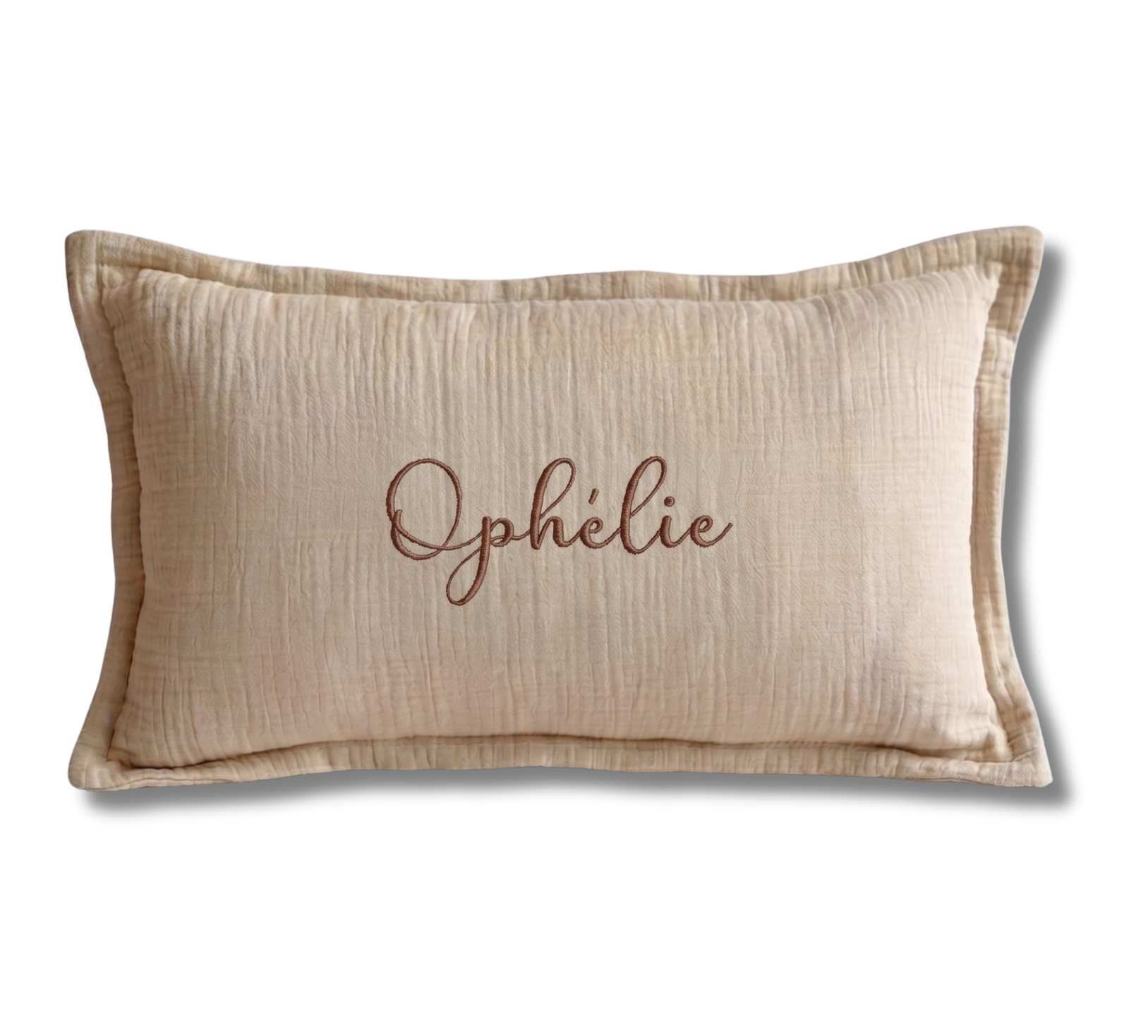 Coussin gaze de coton personnalisé - Beige brodé personnalisé au prénom de bébé — Edenelle Création