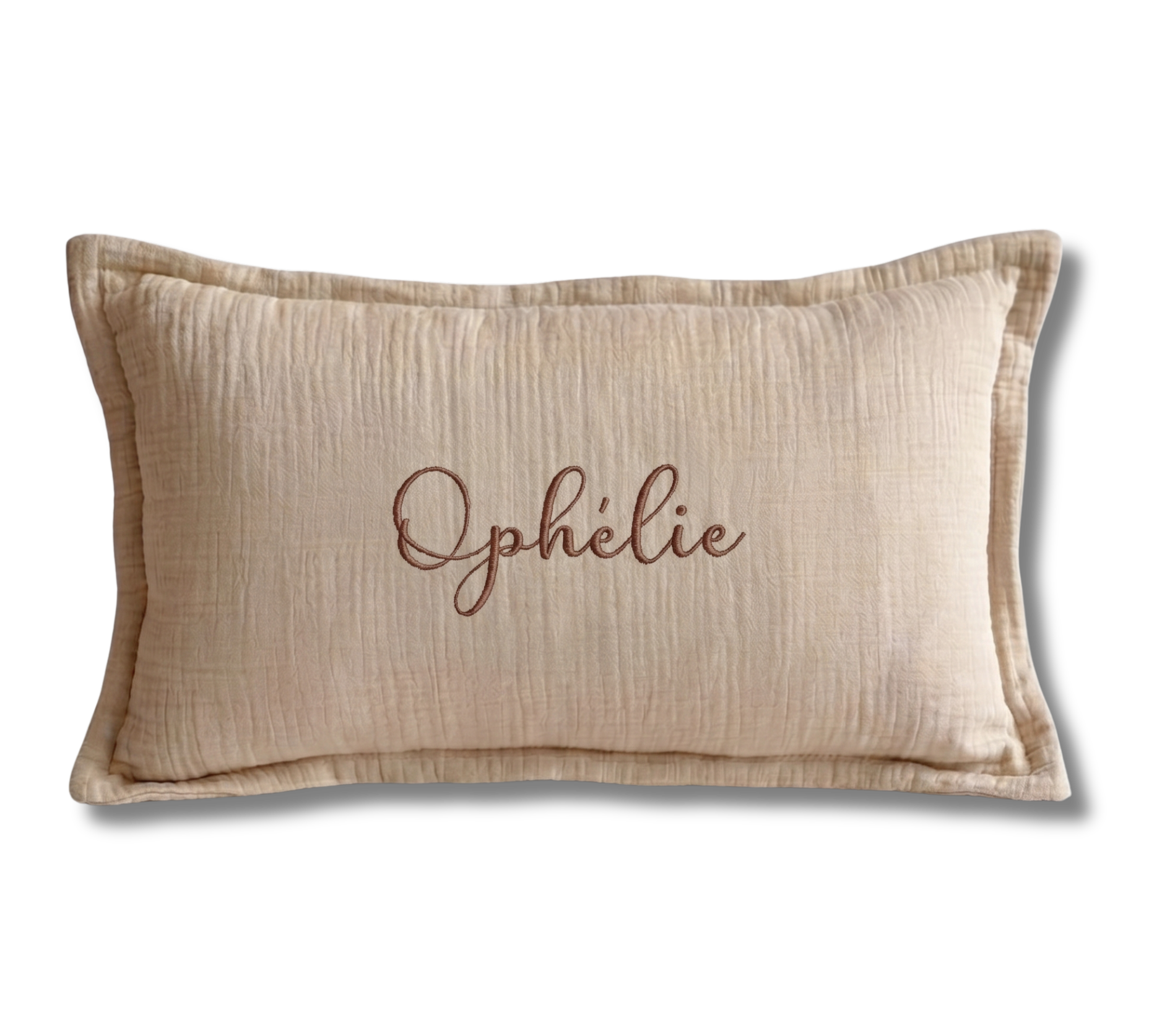 Coussin gaze de coton personnalisé - Beige brodé personnalisé au prénom de bébé — Edenelle Création