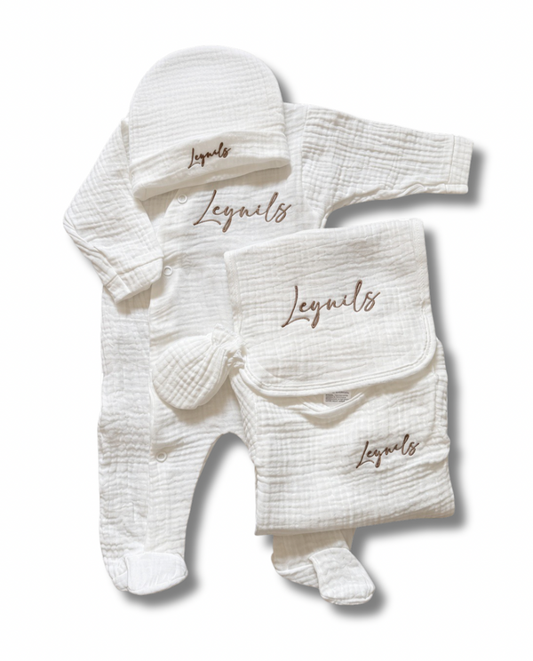 Tenue de naissance 5pcs personnalisée - Gaze de coton écru