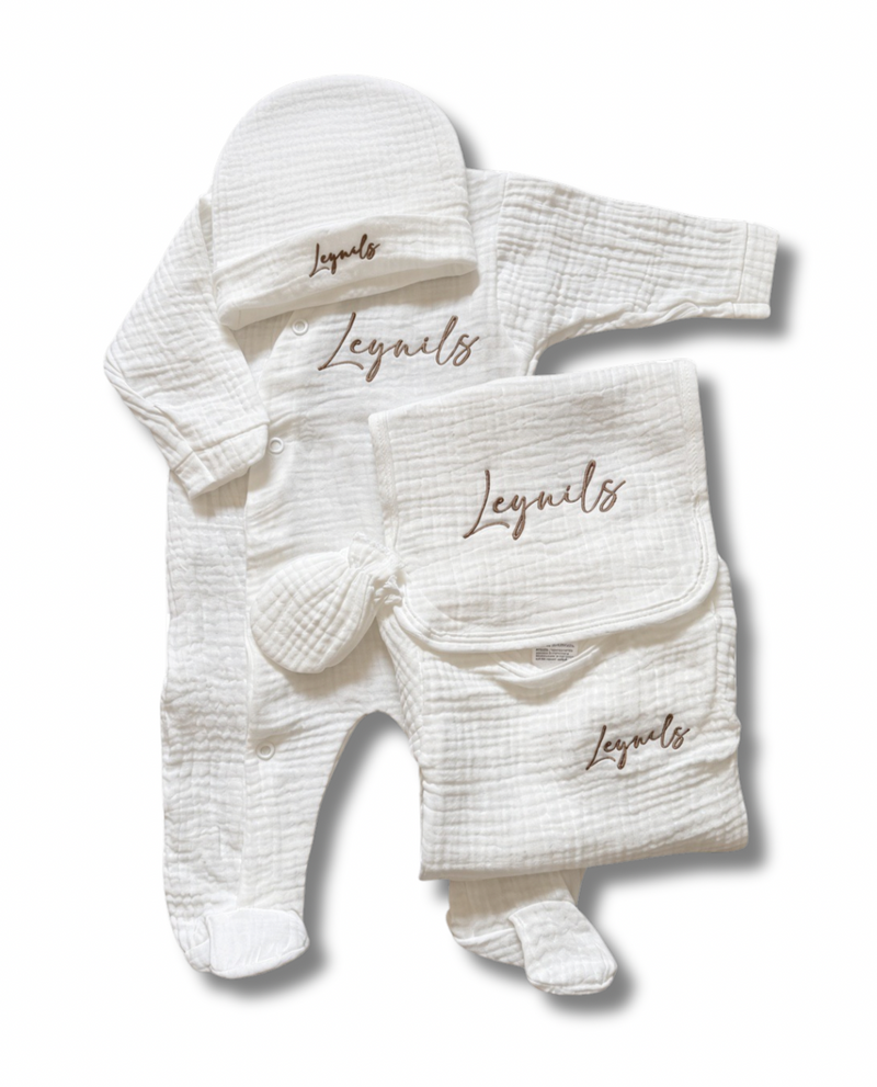 Tenue de naissance 5pcs personnalisée - Gaze de coton écru