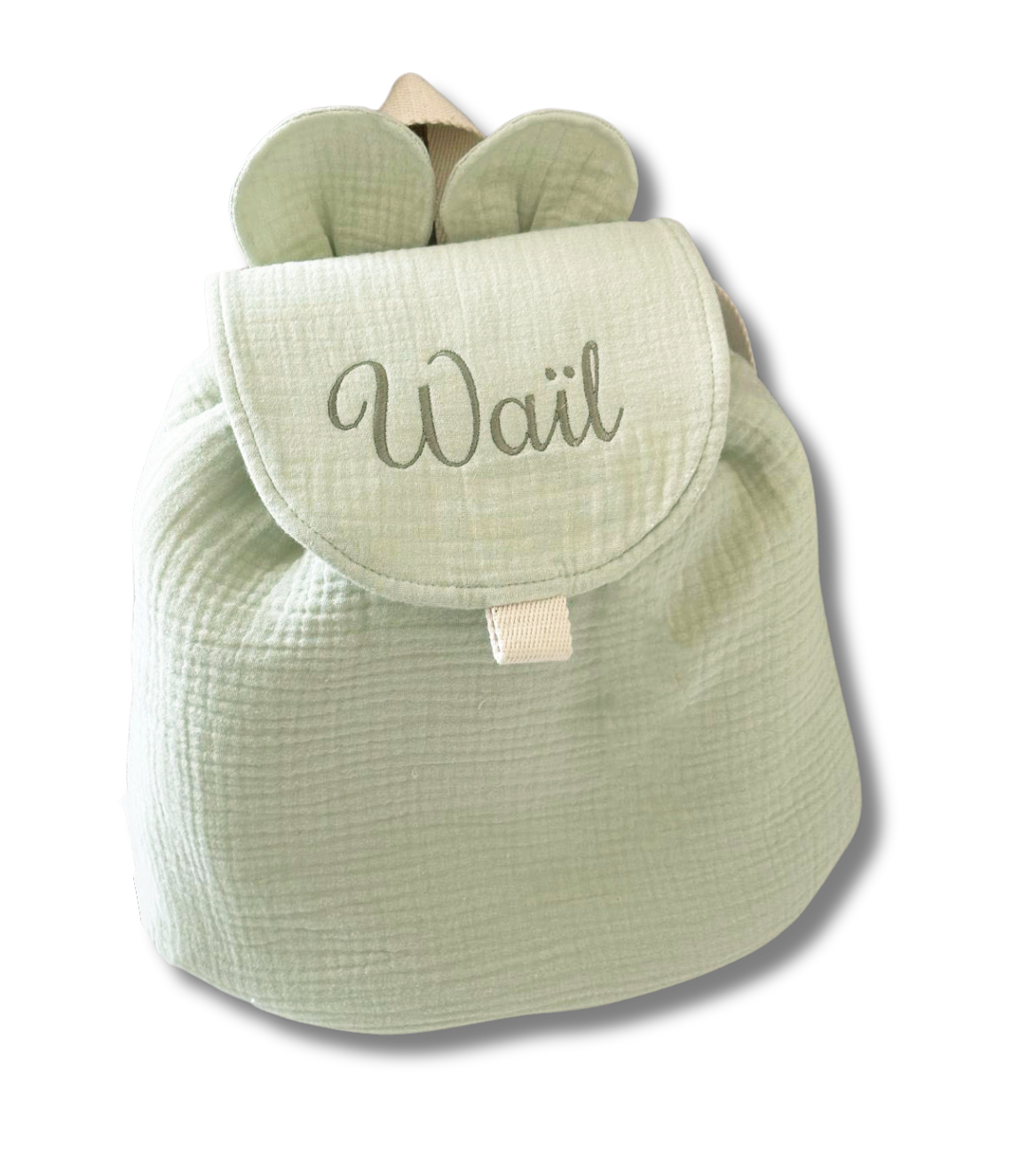 Sac à dos personnalisé - Vert sauge brodé personnalisé au prénom de bébé — Edenelle Création