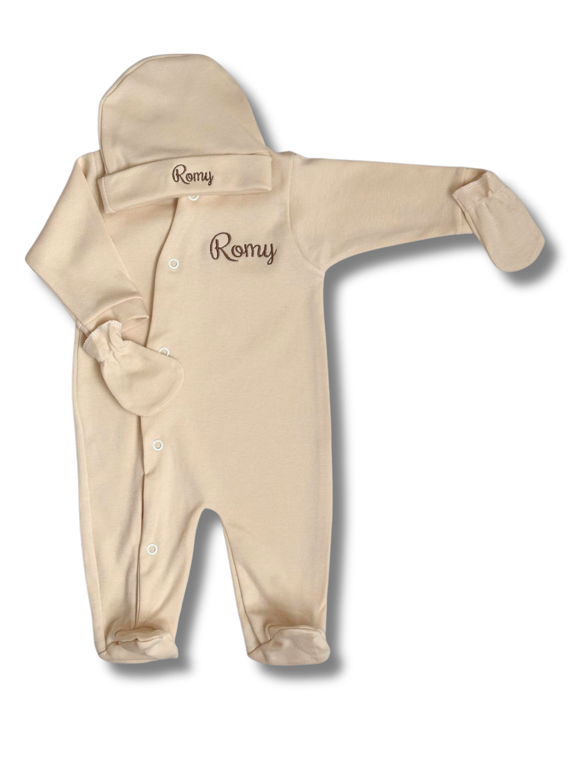 Tenue de naissance 3pcs personnalisée - Coton beige brodé personnalisé au prénom de bébé — Edenelle Cr