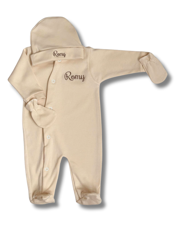 Tenue de naissance 3pcs personnalisée - Coton beige