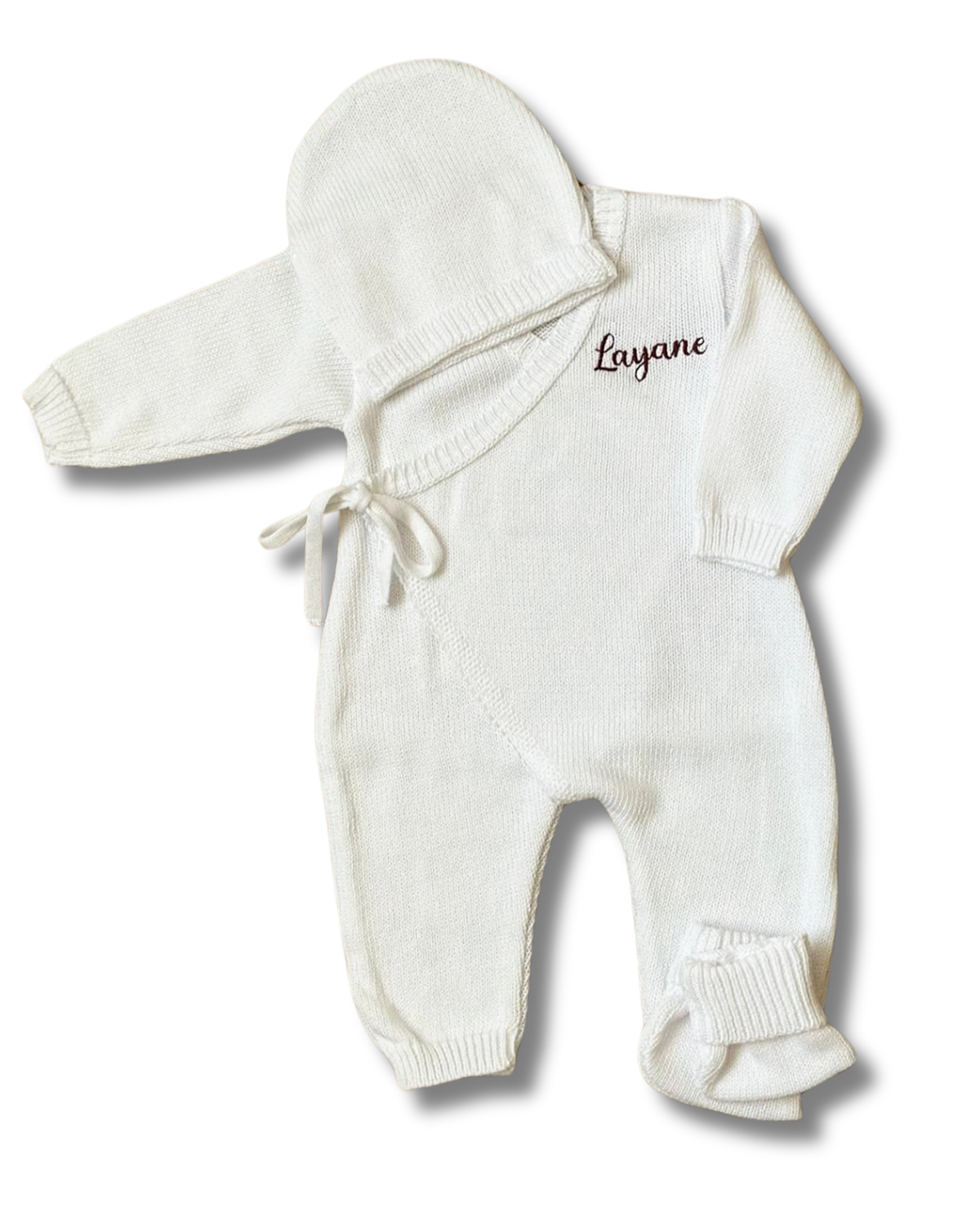 Tenue maille coton 3 pcs personnalisée - Blanc brodé personnalisé au prénom de bébé — Edenelle Créatio