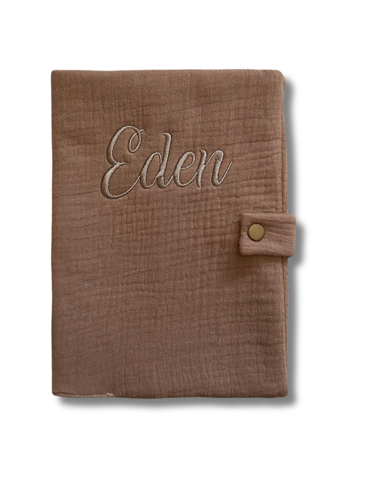 Protège carnet de santé personnalisé - Gaze de coton cacao brodé personnalisé au prénom de bébé — Eden