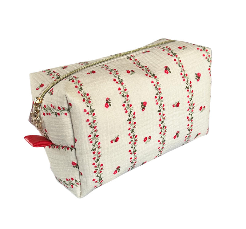 Trousse de toilette XL gaze de coton personnalisée - Écru fleurs vermillon