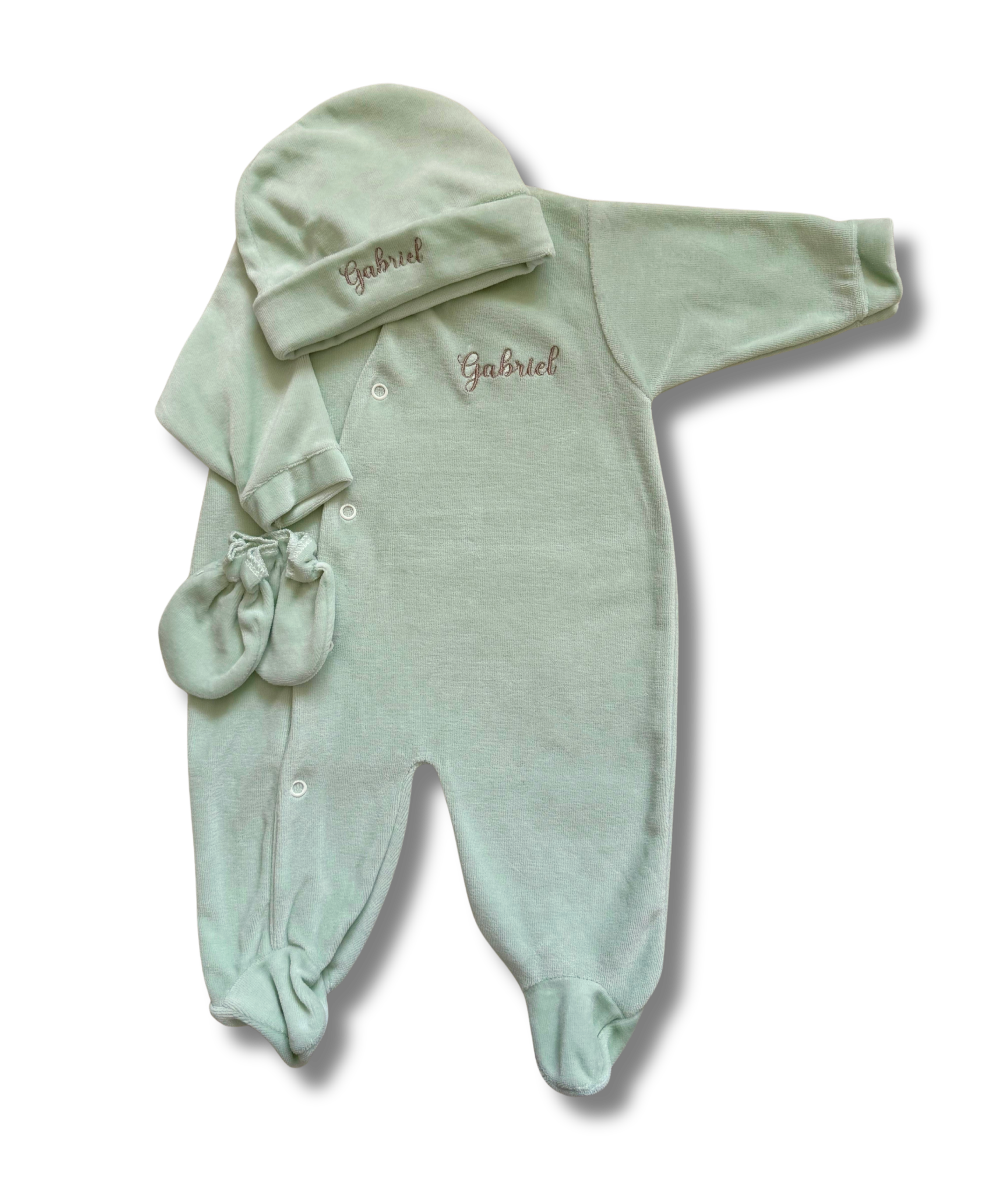 Tenue de naissance 3pcs personnalisée - Velours vert sauge brodé personnalisé au prénom de bébé — Eden