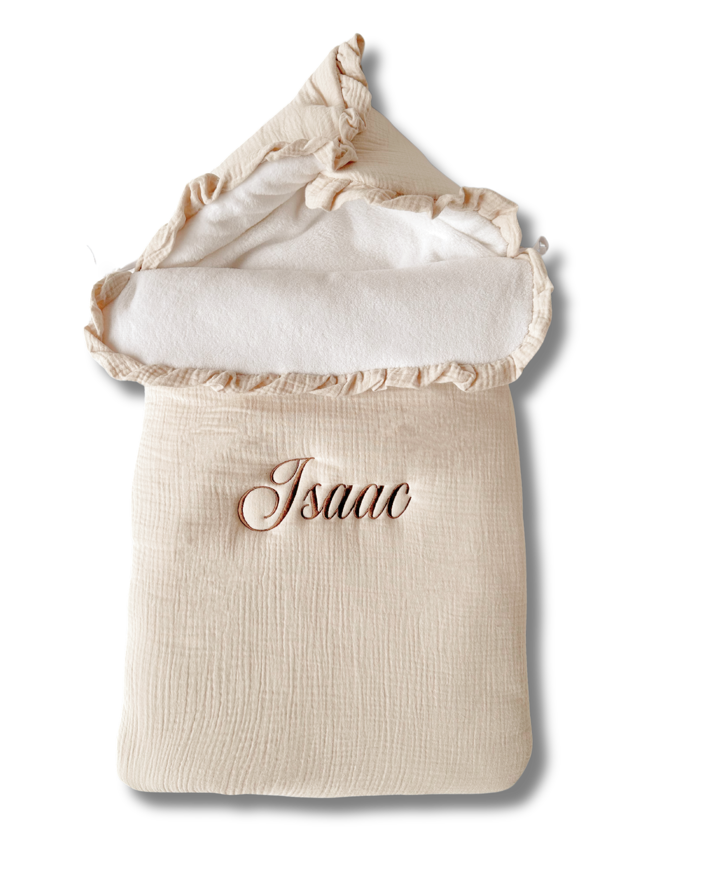 Chancelière polaire beige clair personnalisée brodé personnalisé au prénom de bébé — Edenelle Créatio