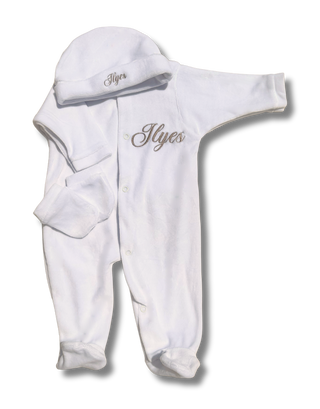 Tenue de naissance 3pcs personnalisée - Velours blanc