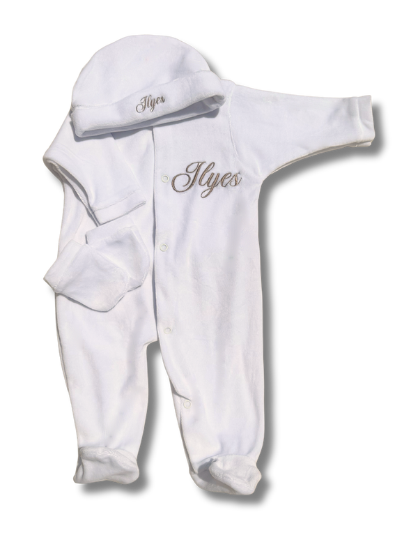 Tenue de naissance 3pcs personnalisée - Velours blanc