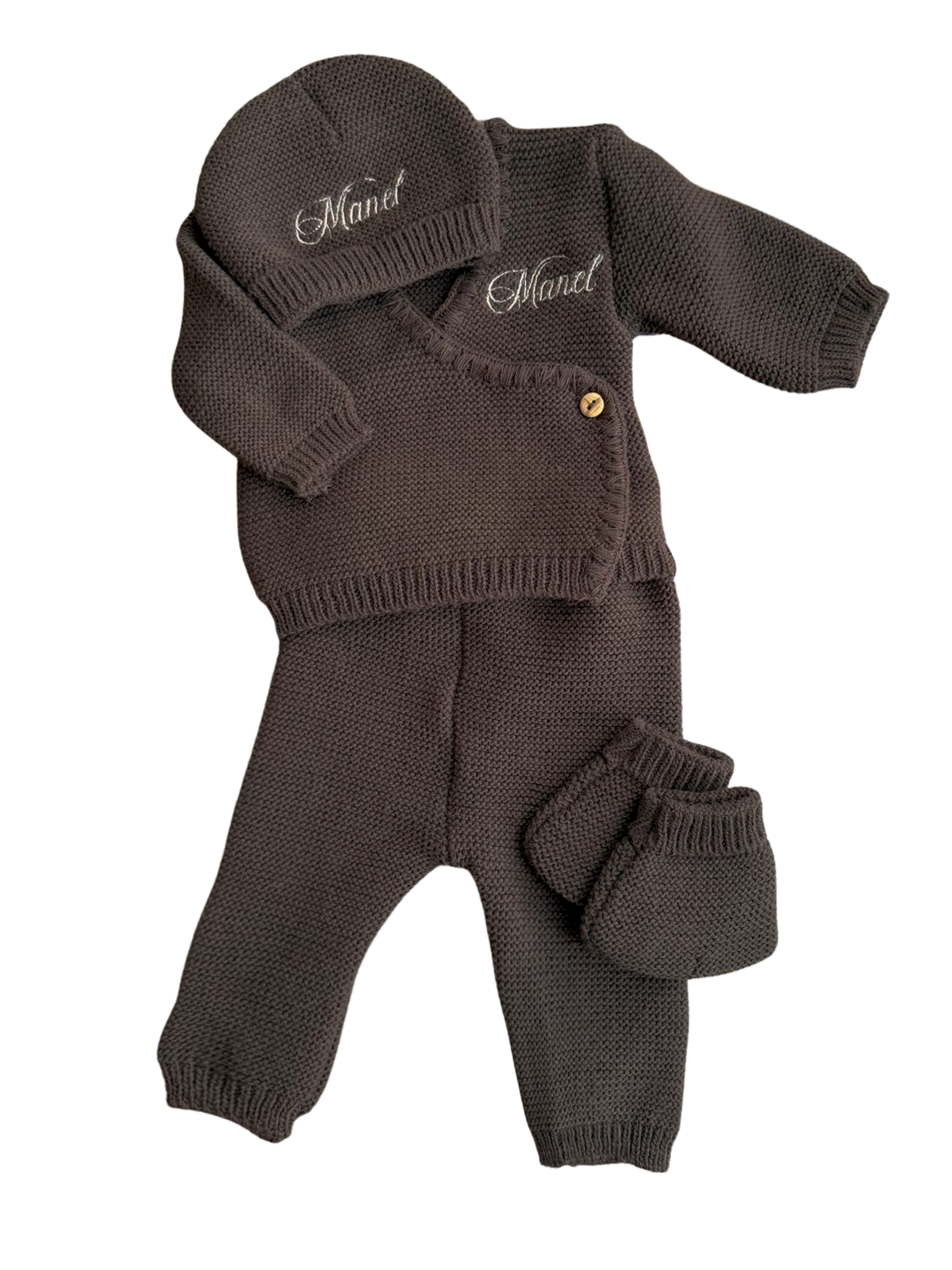 Tenue brassière maille 4pcs brun personnalisée brodé personnalisé au prénom de bébé — Edenelle Créatio