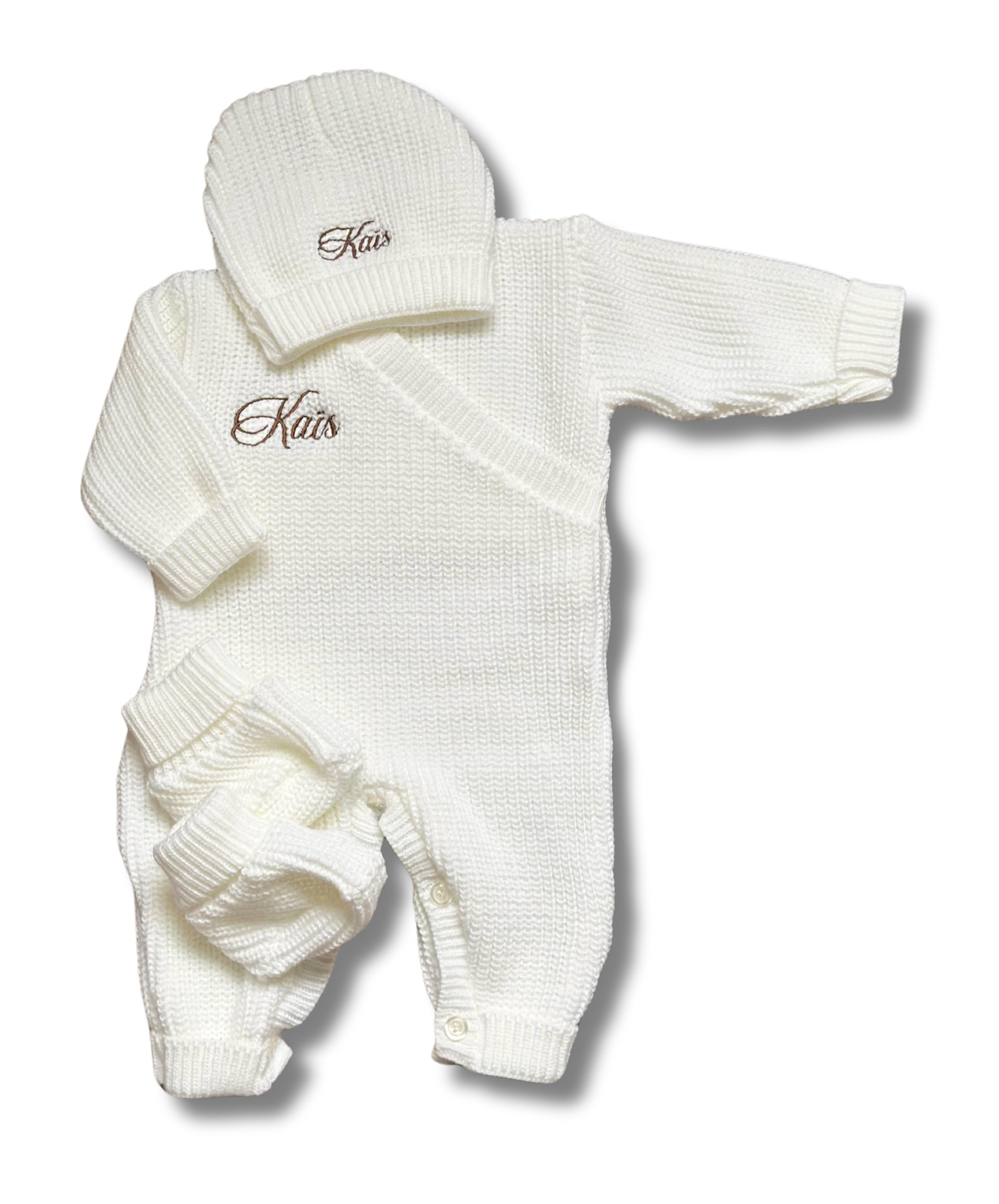 Tenue combi maille 3pcs personnalisée - Blanc brodé personnalisé au prénom de bébé — Edenelle Création