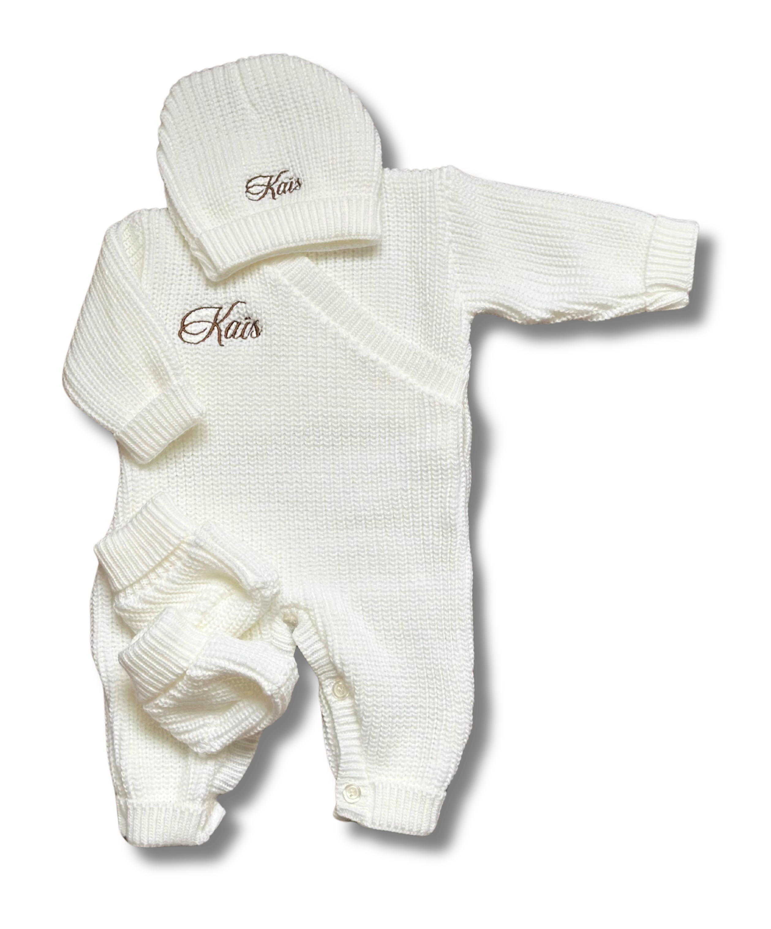 Tenue combi maille 3pcs personnalisée - Blanc brodé personnalisé au prénom de bébé — Edenelle Création