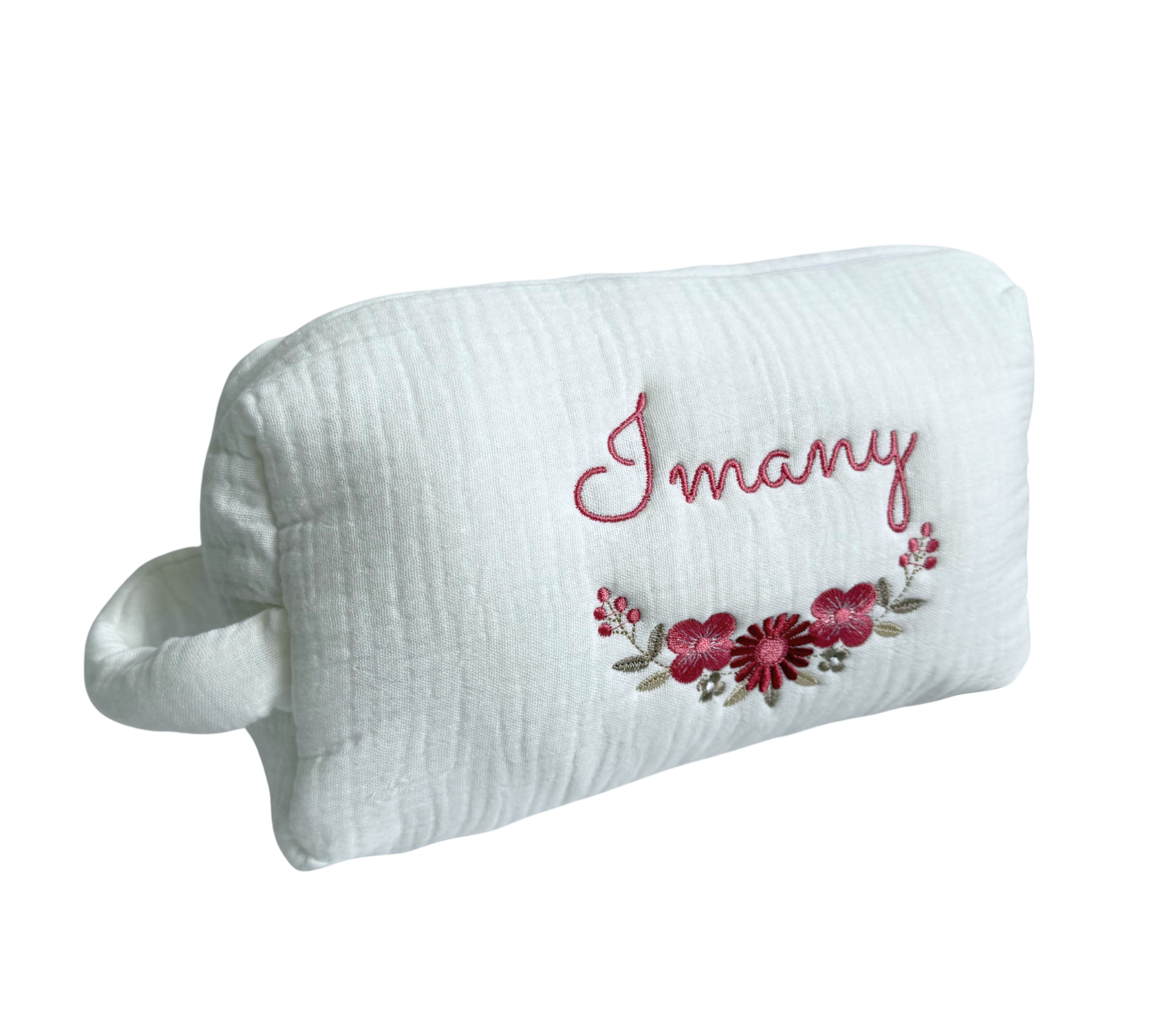 Trousse gaze de coton personnalisée 2  - Blanc brodé personnalisé au prénom de bébé — Edenelle Créatio