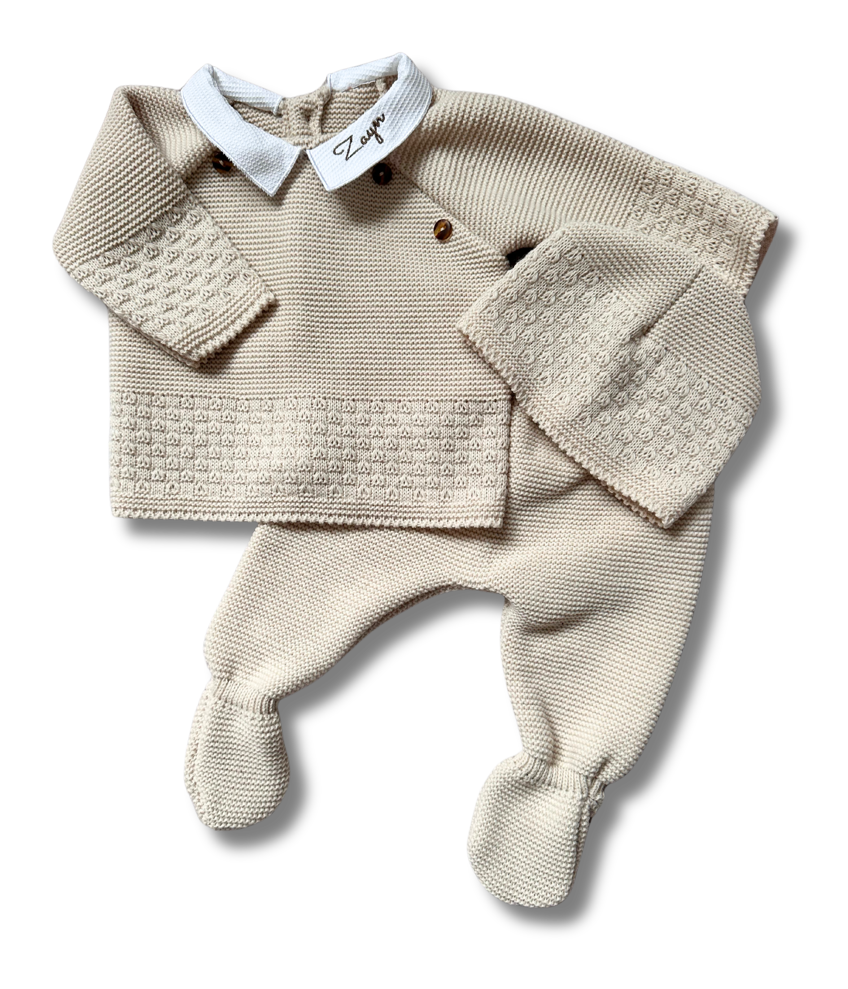 Tenue pull en maille personnalisée - Beige brodé personnalisé au prénom de bébé — Edenelle Création
