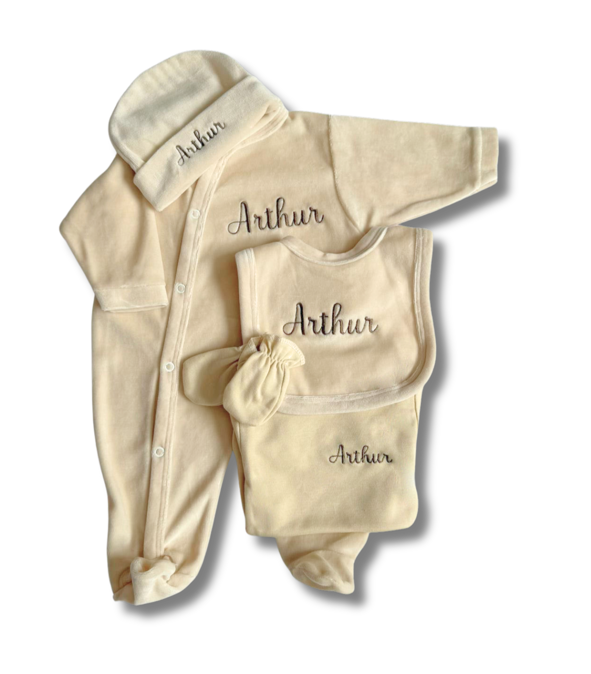 Tenue de naissance 5pcs personnalisée - Velours beige brodé personnalisé au prénom de bébé — Edenelle 