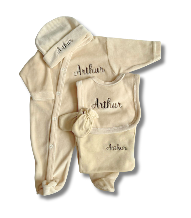 Tenue de naissance 5pcs personnalisée - Velours beige