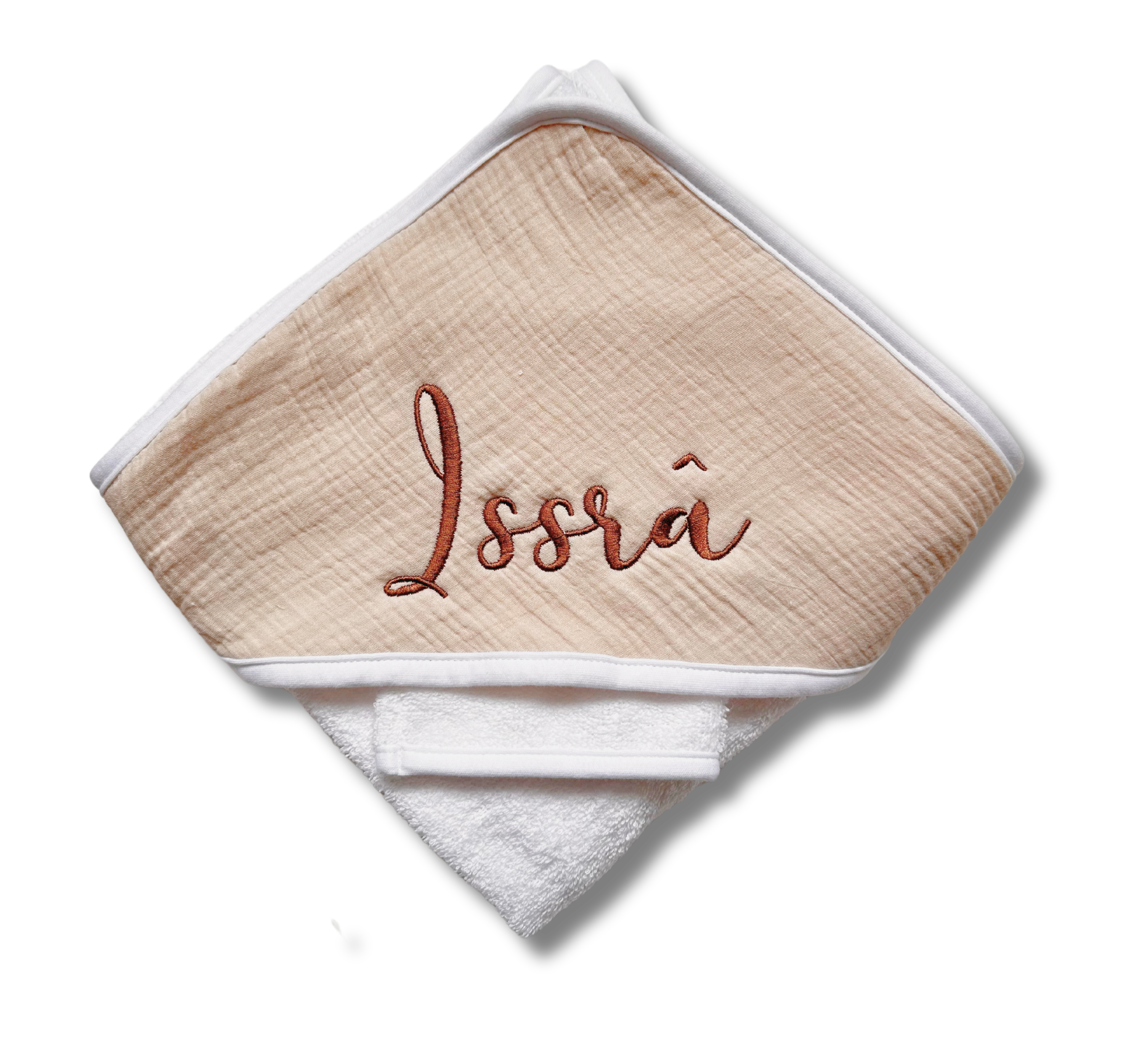 Cape de bain personnalisée - Gaze de coton beige clair brodé personnalisé au prénom de bébé — Edenell